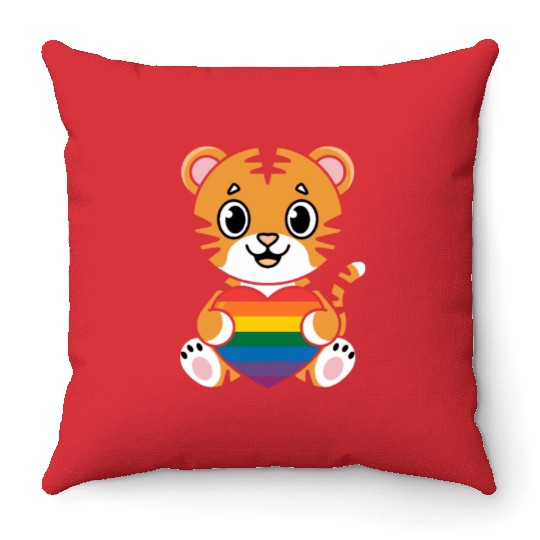 LGTBQ Tiger Holding Rainbow Heart Throw Pillows