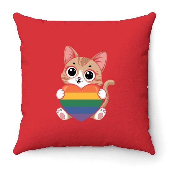 Cute Cat Holding Rainbow Heart LGTBQ Throw Pillows