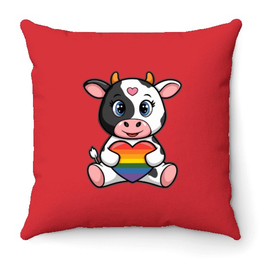 LGTBQ Cow Holding Rainbow Heart Throw Pillows