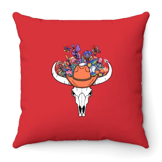 wildflower with Cow Skull blooming Throw Pillows