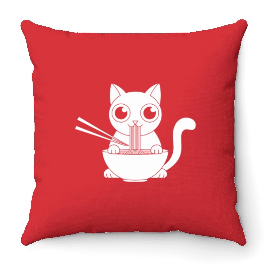 Cute Cat Eating Ramen Kawaii Food Design Throw Pillows