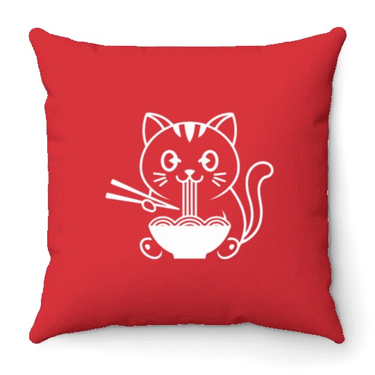 Cute Cat Eating Ramen Kawaii Food Design Throw Pillows