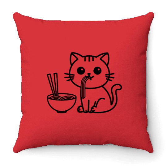 Cute Cat Eating Ramen Kawaii Food Design Throw Pillows
