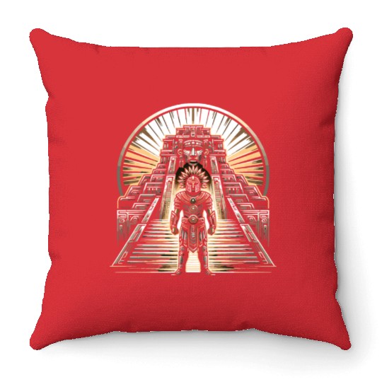 Aztec Warrior Mask with Tribal Art and Ancient Throw Pillows