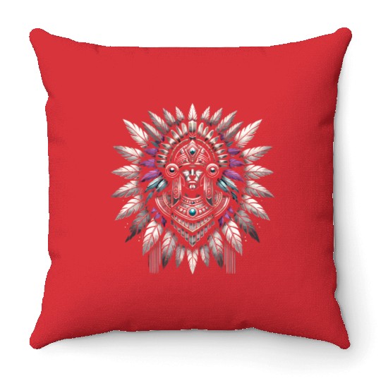 Aztec Warrior Mask with Tribal Art and Ancient Throw Pillows