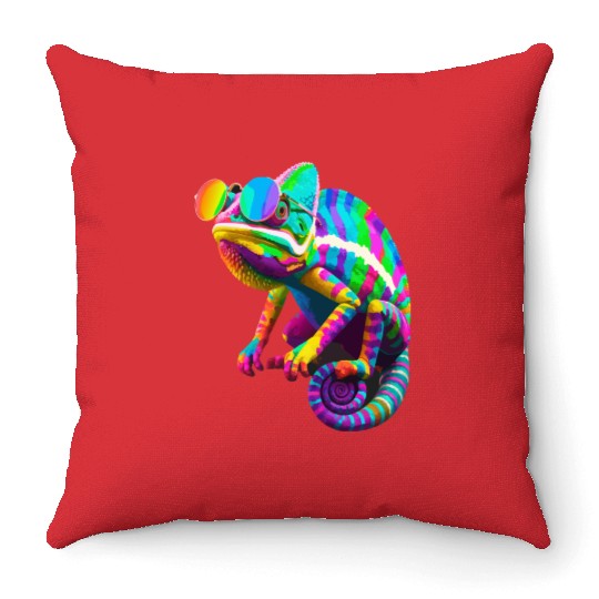 Colorful Chameleon with Sunglasses Throw Pillows