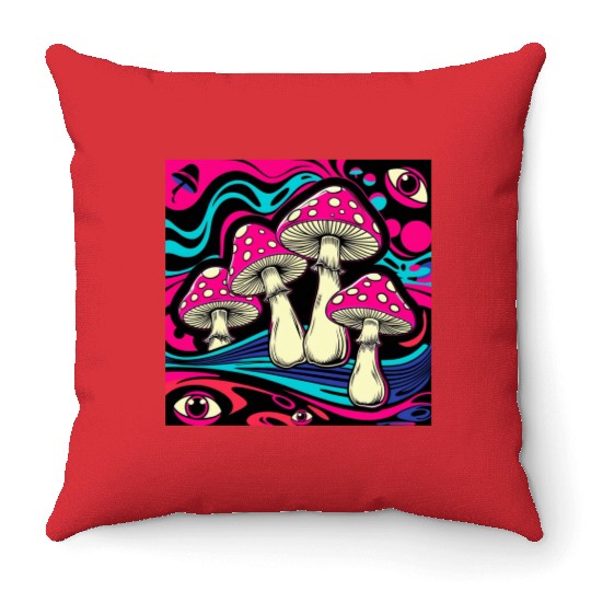 Psychedelic Shrooms: Neon Fungi Fantasy Throw Pillows