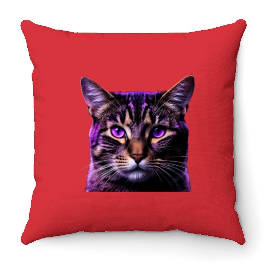 Vivid Lilac-Eyed Tabby Cat Portrait Throw Pillows
