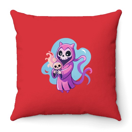skeletal figure, violet pink robe, lavender puppy Throw Pillows