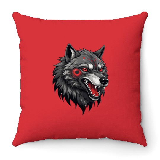 Fierce Wolf Head Illustration with Red Tribal Mark Throw Pillows