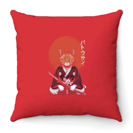 Neko Battousai Samurai Cat Classic Throw Pillows