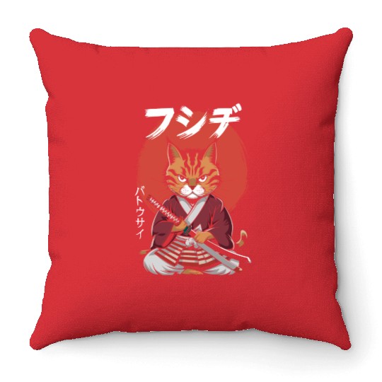 Neko Battousai Samurai Cat Classic Throw Pillows