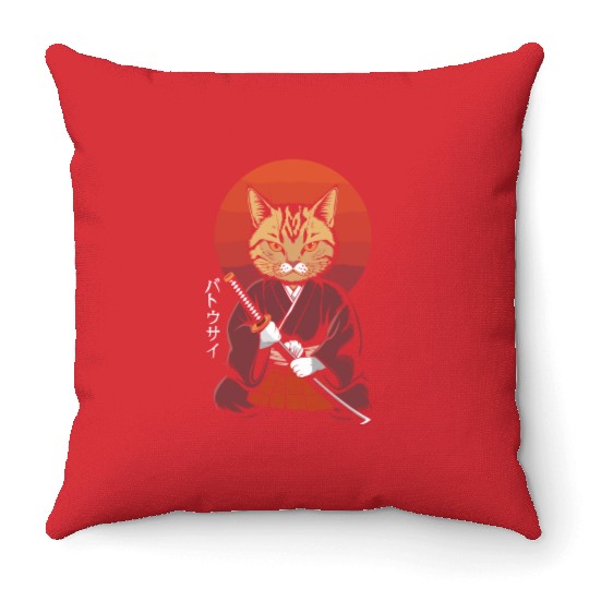 Neko Battousai Samurai Cat Classic Throw Pillows