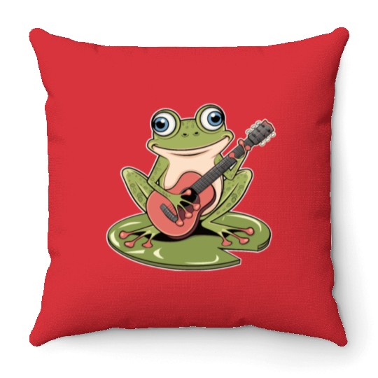 Frog Playing Guitar On Lily Pad Throw Pillows