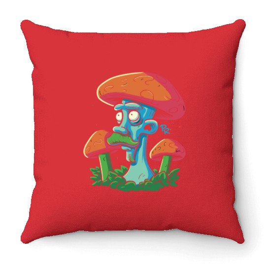 Mushroom Moustache Man – Trippy Fungi Art Throw Pillows