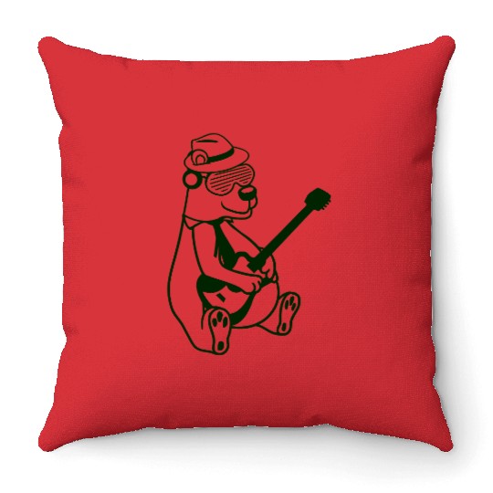Cool Sitting Grizzly Brown Bear Playing Guitar Fun Throw Pillows