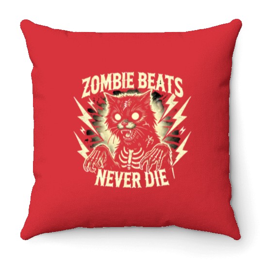 Zombie Cat Halloween Skeleton Skull Horror Fun Art Throw Pillows