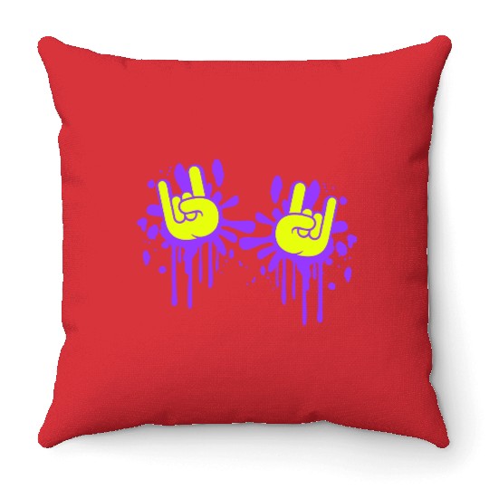 Two heavy metal graffiti horn fingers hand gesture Throw Pillows