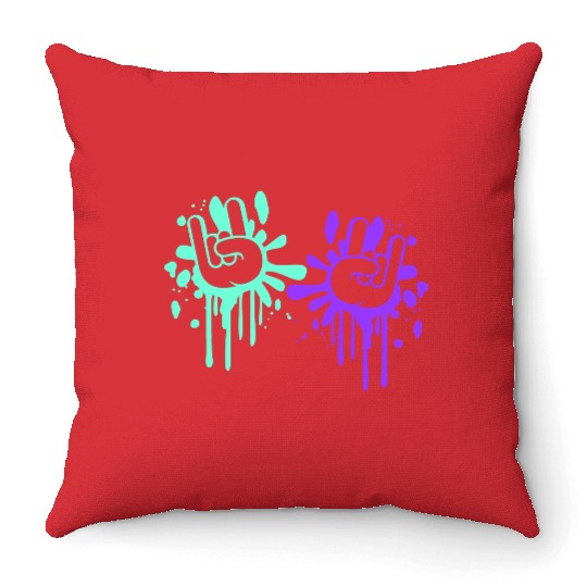 Two heavy metal graffiti horn fingers hand gesture Throw Pillows