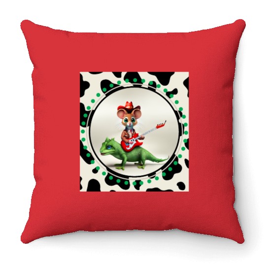 Mouse on Lizard Playing Guitar Throw Pillows
