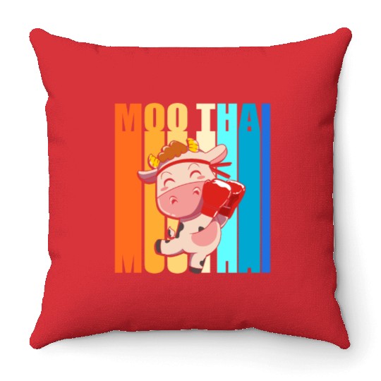 Retro 80s Martial Arts Cow Moo Thai Muay Thai Throw Pillows