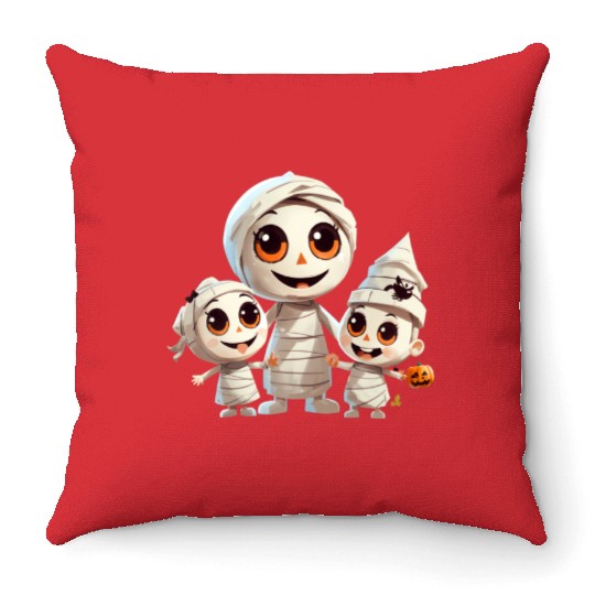 Adorable Mummy Family Halloween Trick-or-Treat Fun Throw Pillows