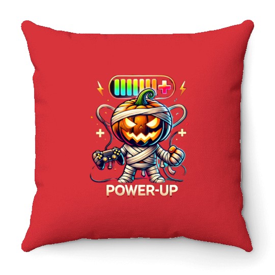 Pumpkin Mummy Gamer Wrapped in Halloween Fun Throw Pillows