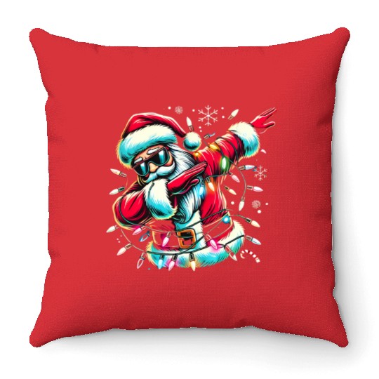 Dabbing Santa with Christmas Lights and Snowflakes Throw Pillows