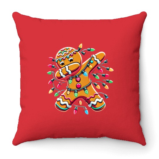 Dabbing Gingerbread Wrapped in Christmas Lights Throw Pillows