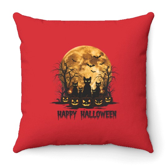 Midnight Cats: Spooky Halloween Night Throw Pillows