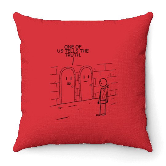 Funny Comics Door Riddle ones of us Tells The Truth Throw Pillows