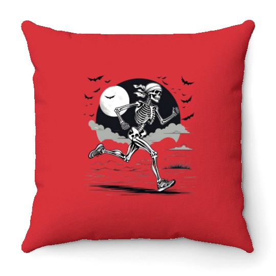 Midnight Marathon: Skeleton's Sprint Throw Pillows