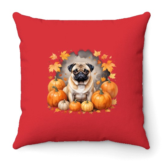 Pug Pumpkin Thanksgiving Fall Halloween Dog Lover Throw Pillows