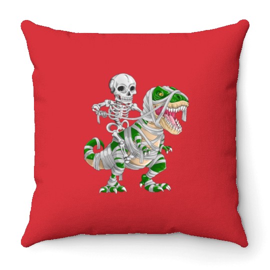 Skeleton Riding Mummy Dinosaur T rex Halloween Throw Pillows