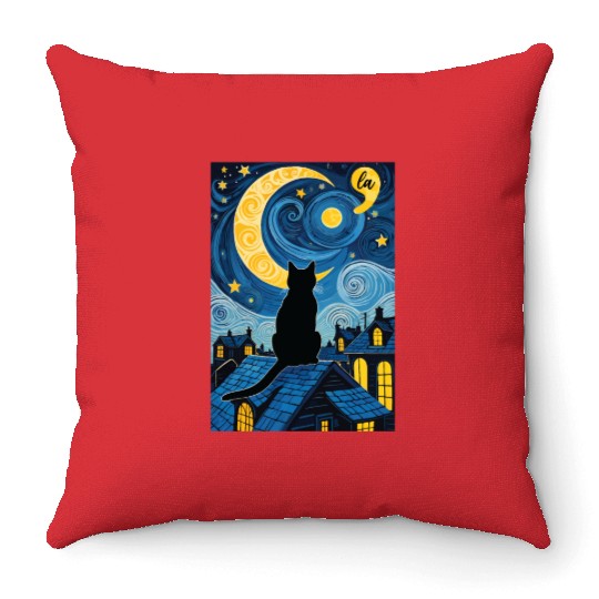 Halloween Starry Night Black Cat Comma La Harris Throw Pillows