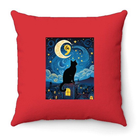 Halloween Starry Night Black Cat Comma La Harris Throw Pillows