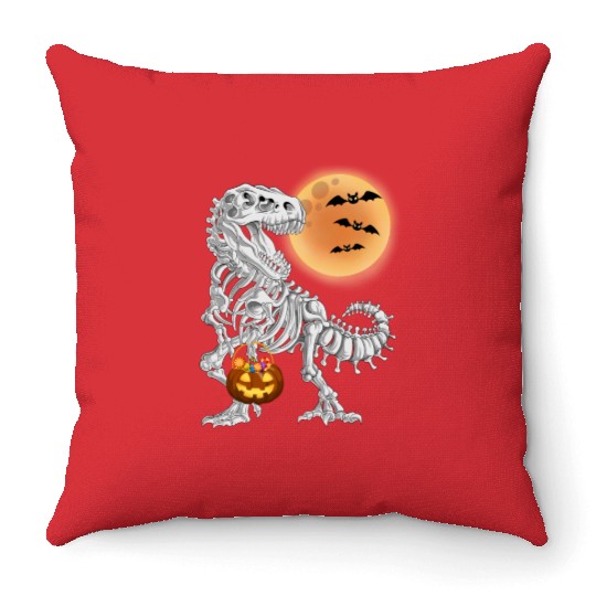 Halloween Dinosaur Skeleton T rex Pumpkin Moon Throw Pillows
