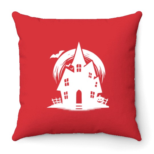 Bat Full Moon Haunted House Halloween Tattoo Throw Pillows