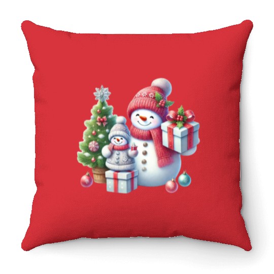 Snowman Family Christmas Joy with Gifts and Tree Throw Pillows