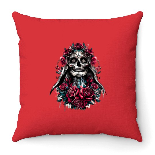 la Santa Muerte Saint Death Mexican Folklore skull Throw Pillows