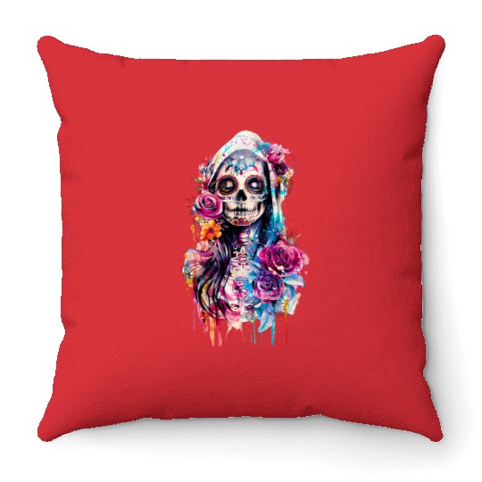 Santa Muerte Saint Mexican Folklore Dead Skull Throw Pillows