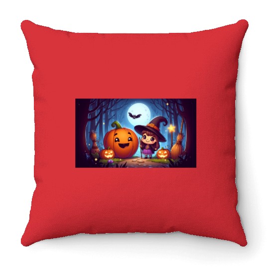 Halloween Witch and Jack-o'-Lantern Scene Throw Pillows