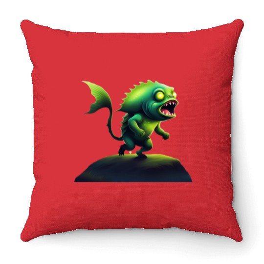 Green Monster Fish Roaring on the Rock Throw Pillows