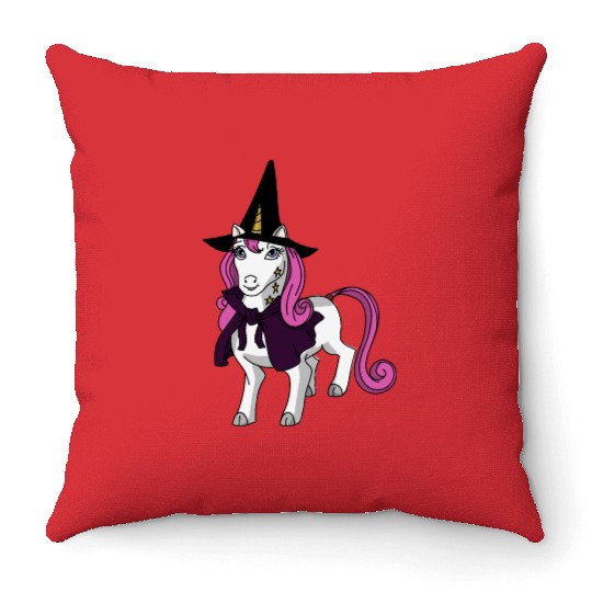 Happy Halloween 2024 unicorn wearing a witch hat Throw Pillows