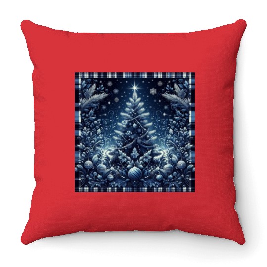 flannel blue and white christmas Throw Pillows