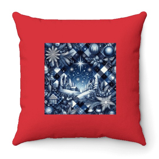flannel blue and white christmas Throw Pillows