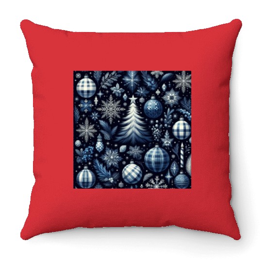 flannel blue and white christmas Throw Pillows