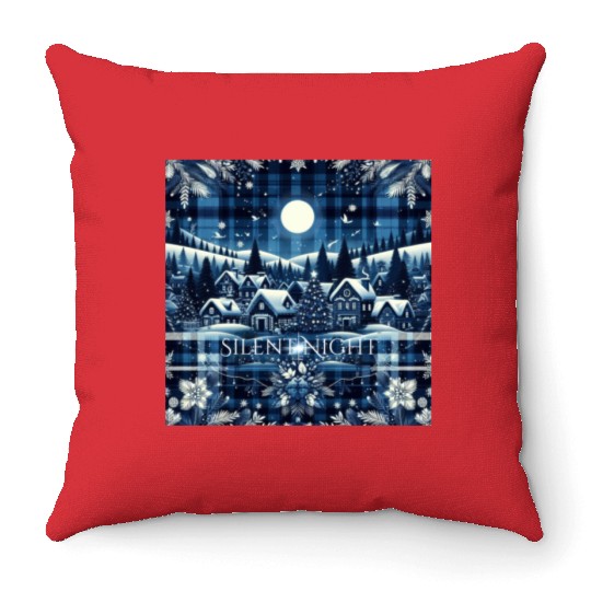 flannel silent night blue and white christmas Throw Pillows