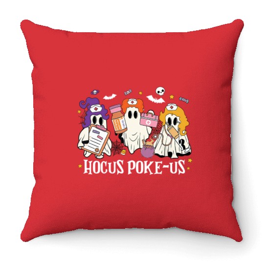 Hocus Poke-Us Funny Ghost Vintage Halloween Movie Throw Pillows