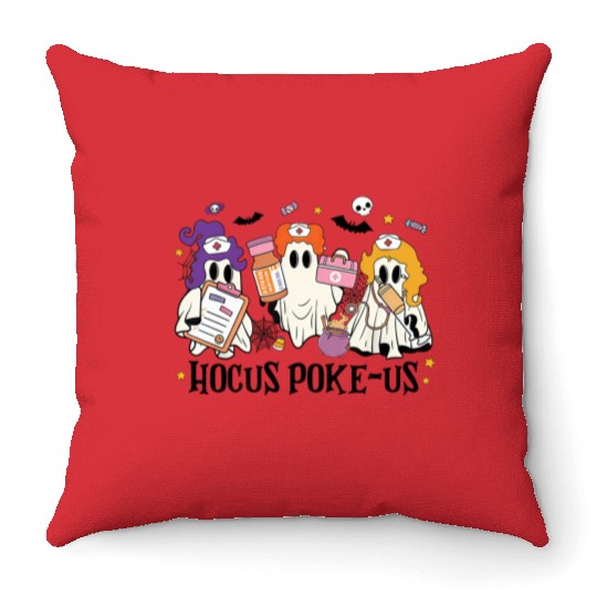 Hocus Poke Us Funny Ghost Vintage Halloween Throw Pillows